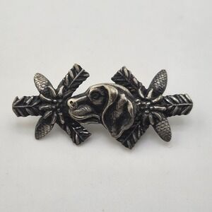 Vintage Silver Tone Hunting Dog Brooch With Pine Cones